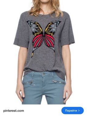 Zadig & Voltaire Cashmere Gray Short-Sleeve Top with Butterfly